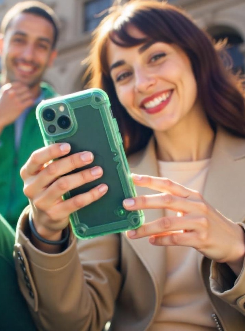 Pessoa sorrindo com o celular após indicar a Contabilidade.com