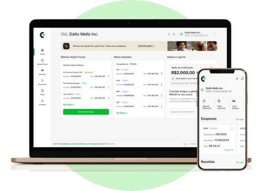Painel da plataforma contábil da Contabilidade.com no notebook e no celular